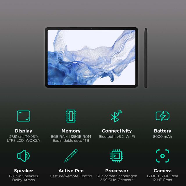 Samsung Galaxy Tab S8 5G tablet with sleek display and included active pen