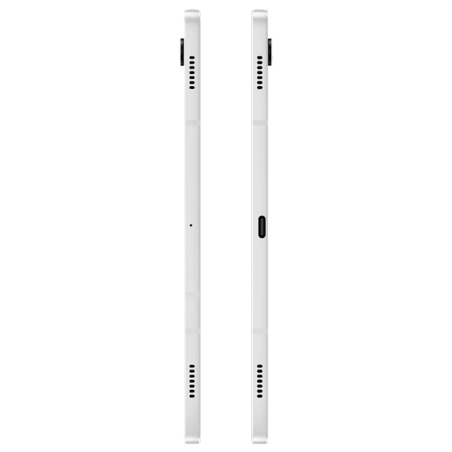 Side view of Samsung Galaxy Tab S8 5G tablet showcasing its slim white profile and speaker grills
