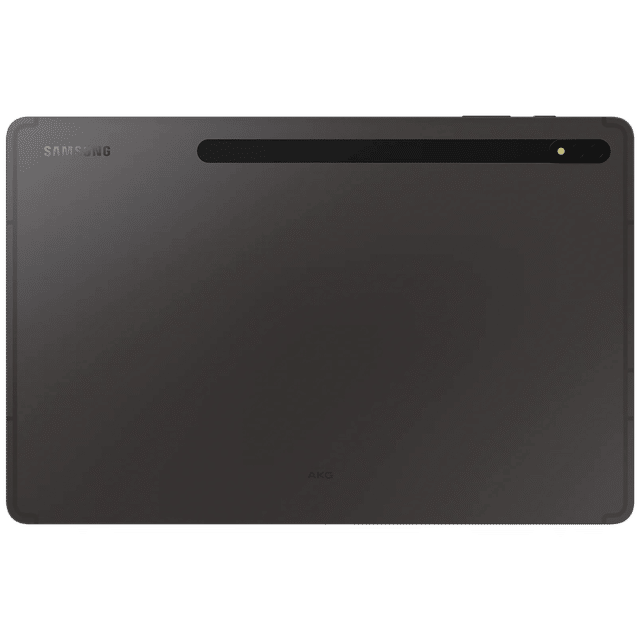 Back view of Samsung Galaxy Tab S8 Plus tablet in black with camera and Samsung branding