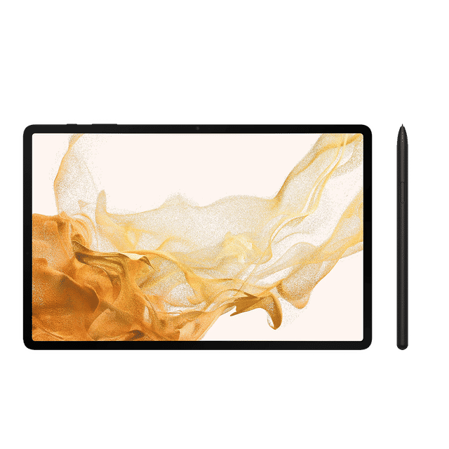 Samsung Galaxy Tab S8 Plus tablet with gold abstract wallpaper and black stylus pen on black background