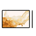 Samsung Galaxy Tab S8 Plus tablet with gold abstract wallpaper and black stylus pen on black background