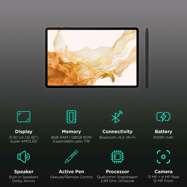 Samsung Galaxy Tab S8 Plus tablet with stylus showing display and key features