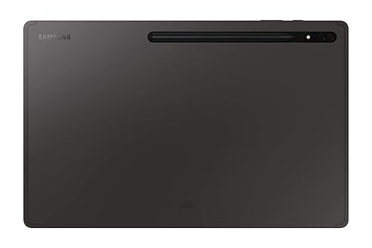 Back view of Samsung Galaxy Tab S8 Ultra tablet in black showing rear camera and stylus holder