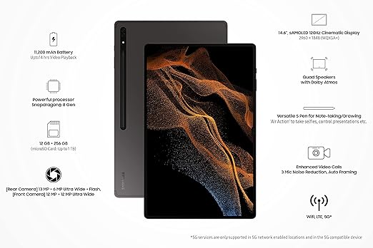 Samsung Galaxy Tab S8 Ultra with 14.6 inch AMOLED display, powerful Snapdragon processor, and enhanced video call features