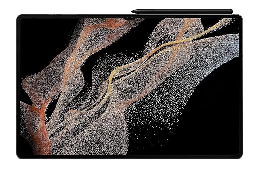 Samsung Galaxy Tab S8 Ultra tablet with stylus pen lying on top and abstract colorful background on screen