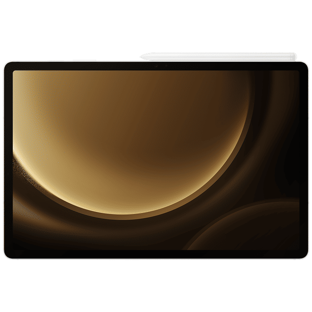 Samsung Galaxy Tab S9 FE Plus tablet with stylus pen placed on top showing dark screen background