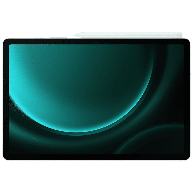 Samsung Galaxy Tab S9 FE Plus tablet with stylus pen on top showing vibrant teal and black display