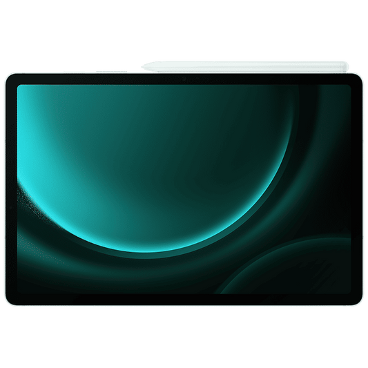 Samsung Galaxy Tab S9 FE Plus tablet with digital pen showing vibrant screen and slim bezels