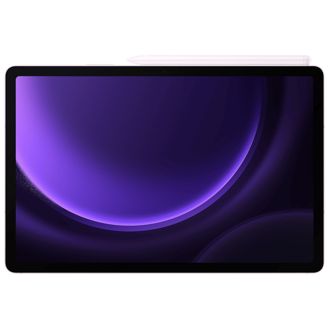 Samsung Galaxy Tab S9 FE Plus tablet with stylus pen displayed on black background