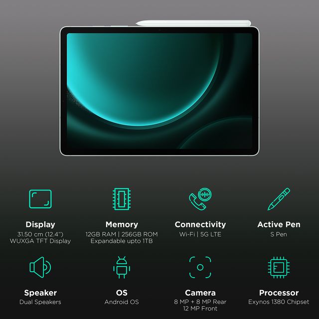 Samsung Galaxy Tab S9 FE Plus tablet with WUXGA TFT display, active S Pen, dual speakers, and Exynos 1380 chipset