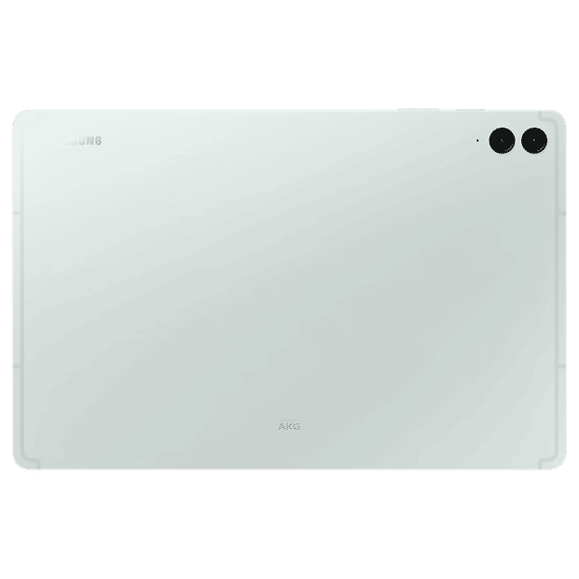 Back view of Samsung Galaxy Tab S9 FE Plus tablet in white showing dual rear cameras and speaker grills