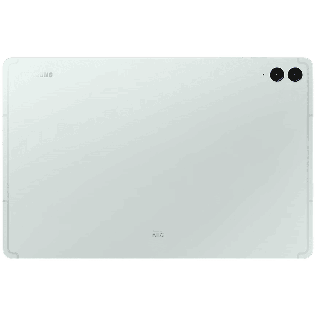 Back view of Samsung Galaxy Tab S9 FE Plus tablet in silver with dual rear cameras and AKG branding