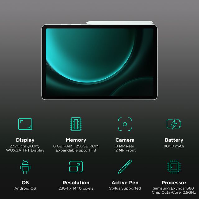 Samsung Galaxy Tab S9 FE Wi-Fi tablet with 10.9 inch WUXGA display and stylus on top