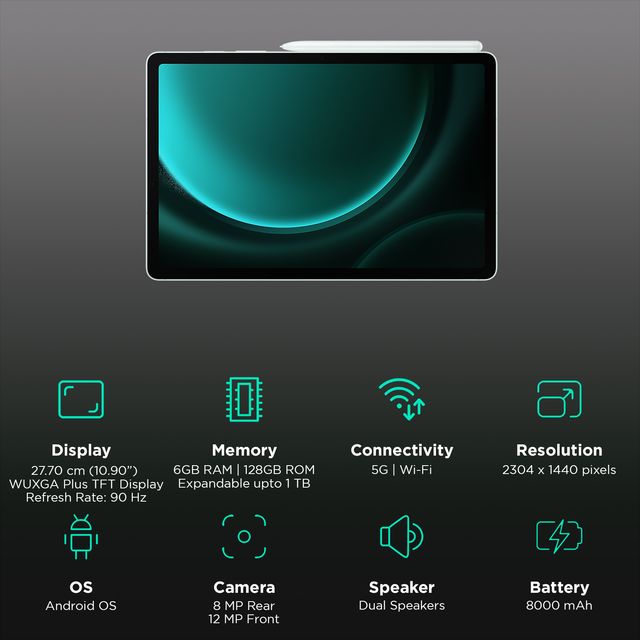 Samsung Galaxy Tab S9 FE Wi-Fi tablet with 10.9 inch display and S Pen on top with specs icons