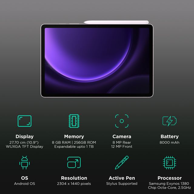 Samsung Galaxy Tab S9 FE Wi-Fi tablet with stylus, 10.9 inch display, 8GB RAM, and 256GB storage