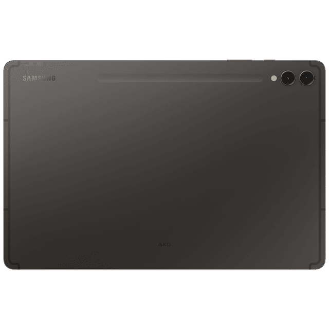 Back view of Samsung Galaxy Tab S9 Plus in black showing dual rear cameras and sleek design