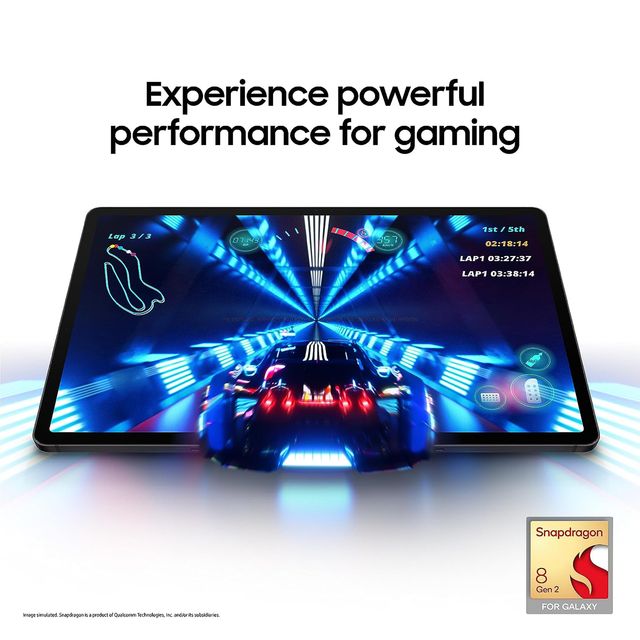 Samsung Galaxy Tab S9 Plus displaying vibrant racing game showcasing powerful performance for gaming