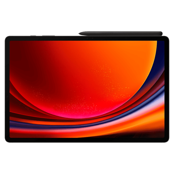 Samsung Galaxy Tab S9 Plus with vibrant red and orange display and included stylus on black background