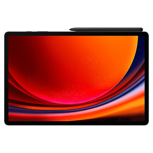 Samsung Galaxy Tab S9 Plus with vibrant red and orange display and included stylus on black background