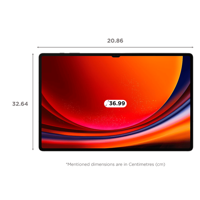 Samsung Galaxy Tab S9 Ultra Wi-Fi tablet front view with vibrant red and orange display showing dimensions in centimeters