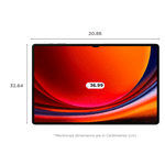 Samsung Galaxy Tab S9 Ultra Wi-Fi tablet front view with vibrant red and orange display showing dimensions in centimeters