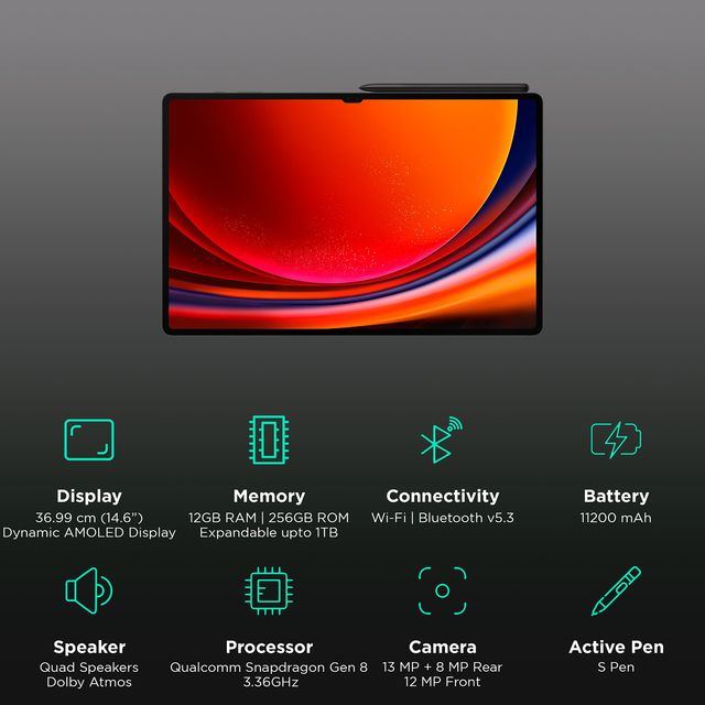 Samsung Galaxy Tab S9 Ultra Wi-Fi tablet with large dynamic AMOLED display and S Pen stylus
