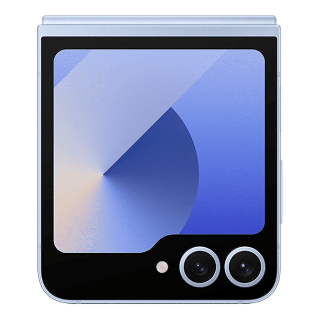 Samsung Galaxy Z Flip6 5G phone in silver showing the external screen and dual camera setup