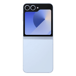 Samsung Galaxy Z Flip6 5G phone in light blue showing rear dual cameras and external display
