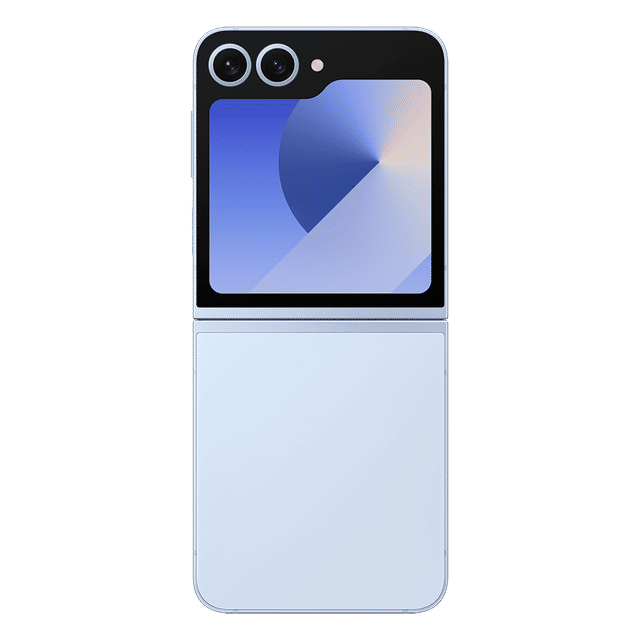 Samsung Galaxy Z Flip6 5G phone in light blue showing rear dual cameras and external display