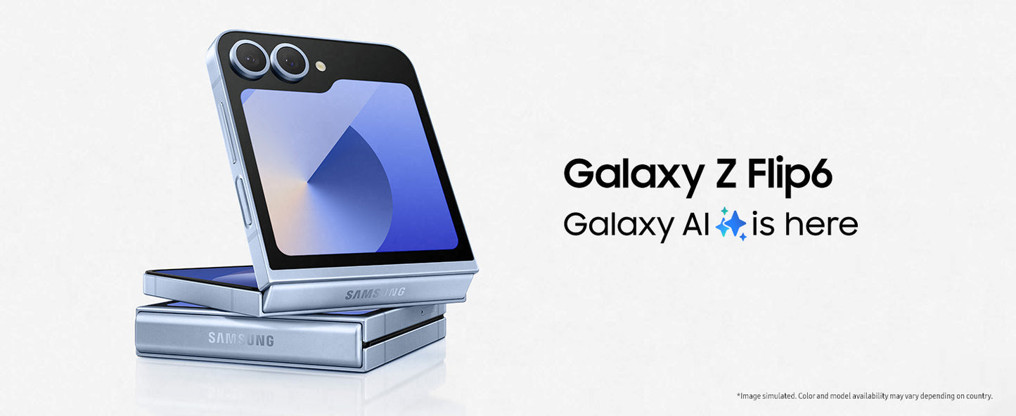 Samsung Galaxy Z Flip6 5G phone partially folded showing dual rear cameras and small external display