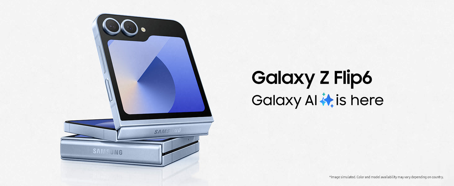 Samsung Galaxy Z Flip6 5G phone partially folded showing dual rear cameras and small external display