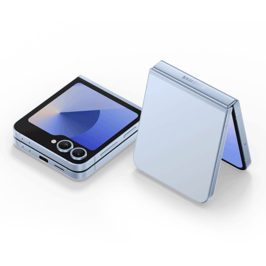 Samsung Galaxy Z Flip6 5G foldable phone in silver shown folded and partially open