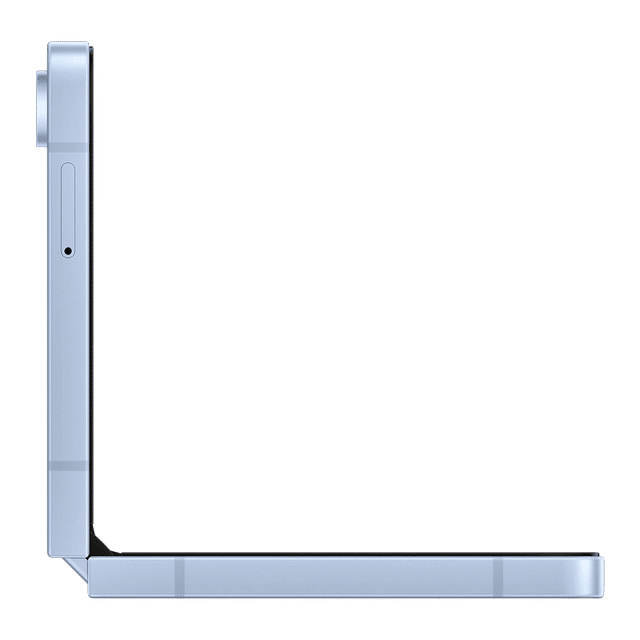 Side view of Samsung Galaxy Z Flip6 5G phone folded at a right angle in silver color