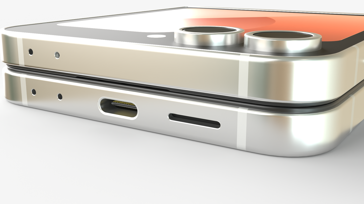 Close-up of silver Samsung Galaxy Z Flip6 5G phone showing USB-C port and dual rear cameras