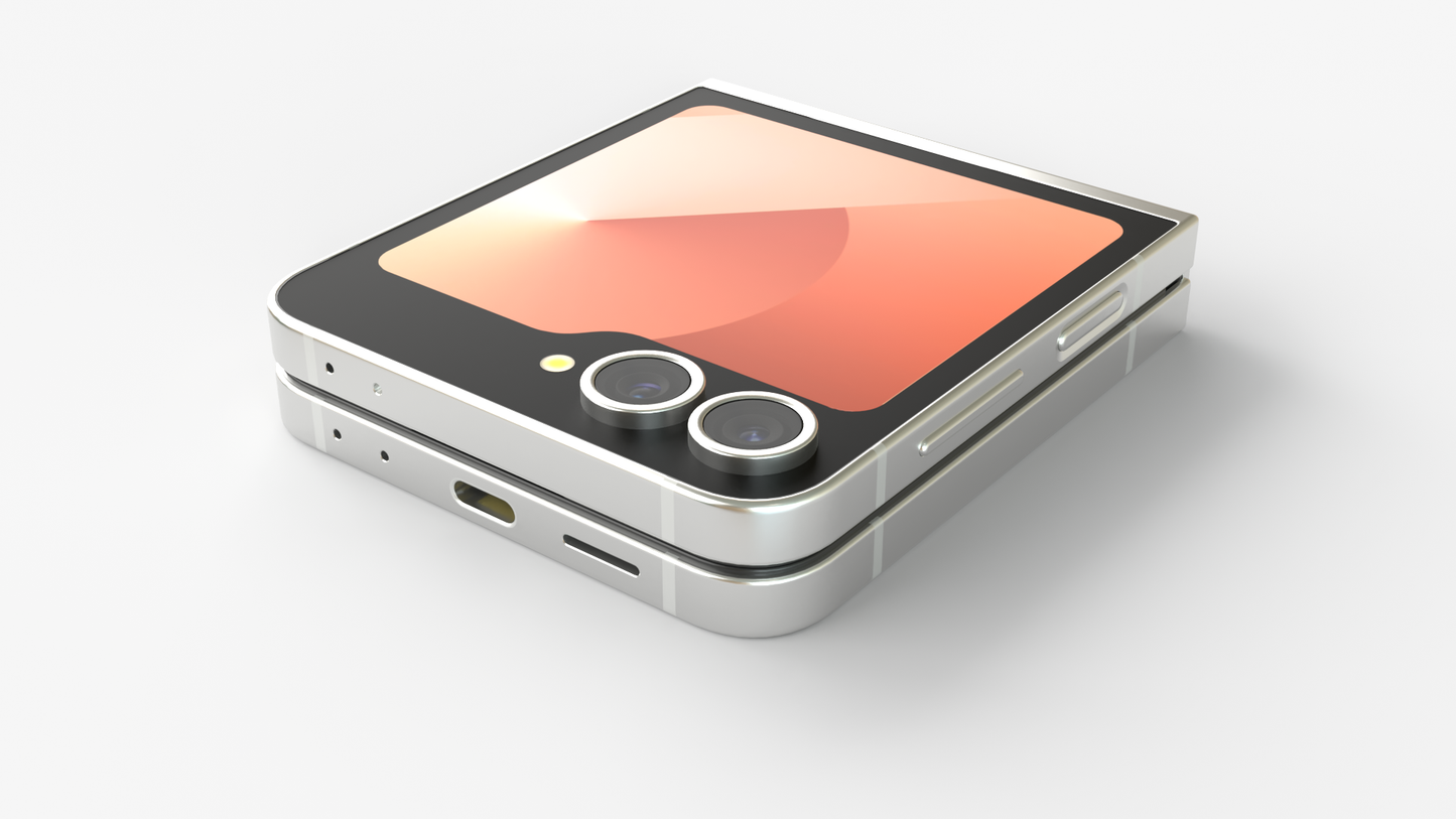 Samsung Galaxy Z Flip6 5G folded phone emphasizing dual rear cameras and external display in silver