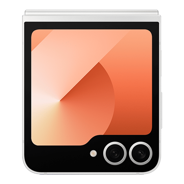 Samsung Galaxy Z Flip6 5G phone folded showing the external screen and dual cameras