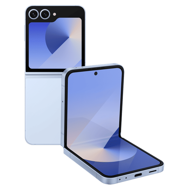 Samsung Galaxy Z Flip6 5G phone in silver color showing foldable design with front and back views