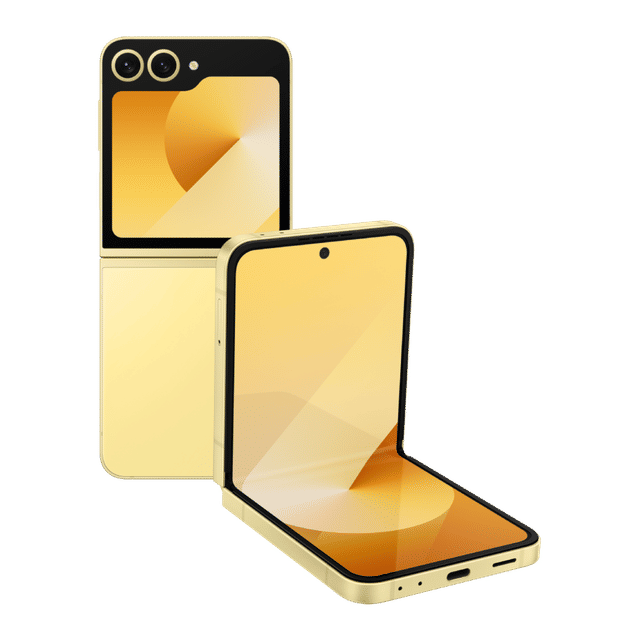 Gold Samsung Galaxy Z Flip6 5G foldable phone showing front and back display screens