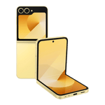 Gold Samsung Galaxy Z Flip6 5G foldable phone showing front and back display screens