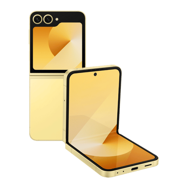 Gold Samsung Galaxy Z Flip6 5G foldable phone showing front and back display screens