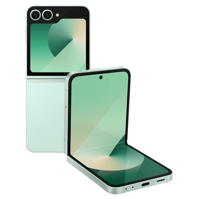 Samsung Galaxy Z Flip6 5G foldable phone in light green showing front and back views