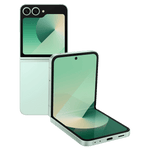 Samsung Galaxy Z Flip6 5G foldable phone in light green showing front and back views