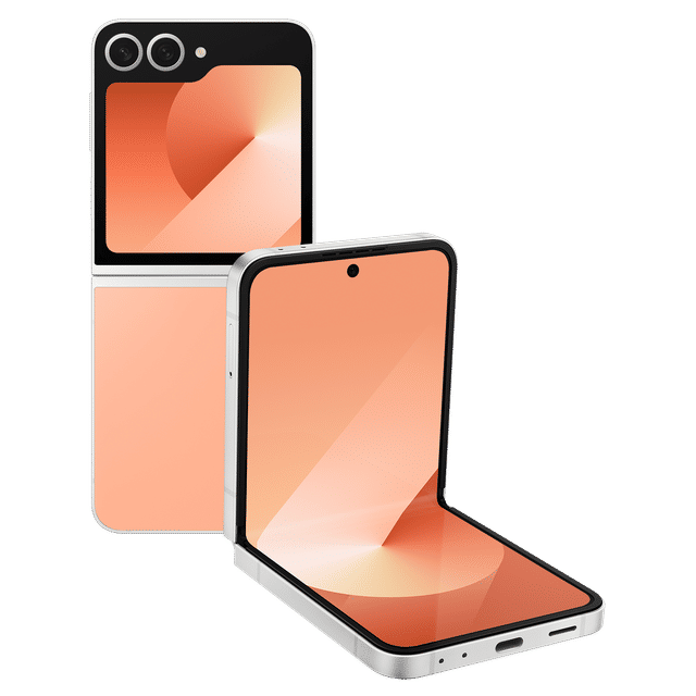 Samsung Galaxy Z Flip6 5G foldable phone in peach color showing front and back views