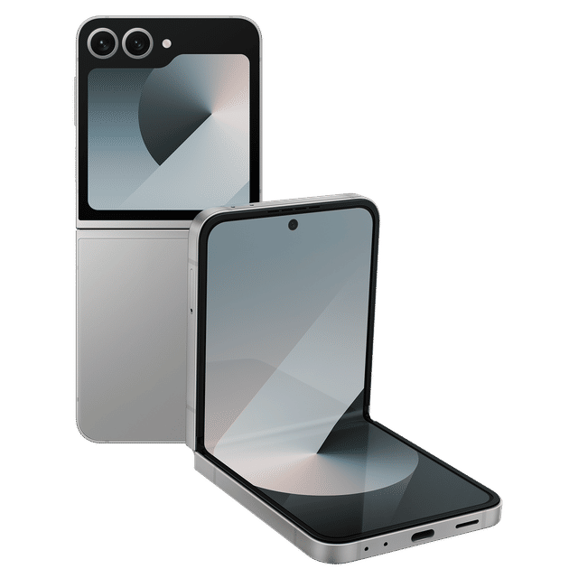 Samsung Galaxy Z Flip6 5G phone in silver showing foldable design with front and back view