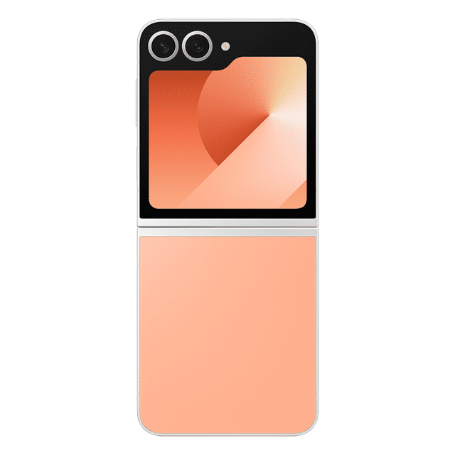 Samsung Galaxy Z Flip6 5G peach color flip phone with dual rear cameras and external display