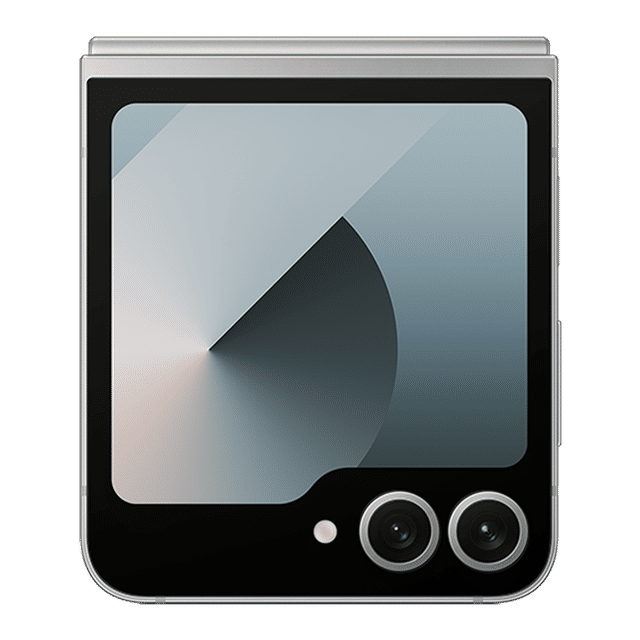 Samsung Galaxy Z Flip6 5G foldable phone showing the outer display and dual camera lenses