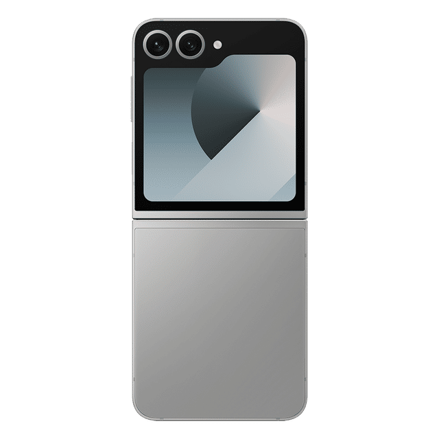 Samsung Galaxy Z Flip6 5G smartphone in silver with dual rear cameras and external display folded open