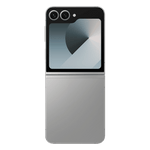 Samsung Galaxy Z Flip6 5G smartphone in silver with dual rear cameras and external display folded open