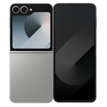 Samsung Galaxy Z Flip6 5G foldable phone in silver with dual rear cameras and large main display