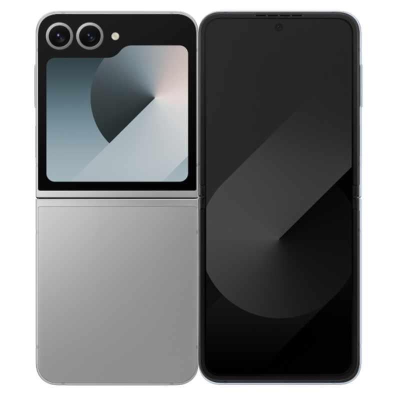 Samsung Galaxy Z Flip6 5G foldable phone in silver with dual rear cameras and large main display